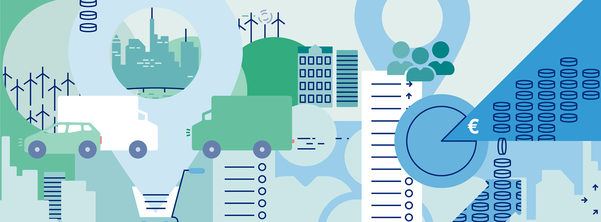 Abstrakte Illustration von Nachhaltigkeit in der Wirtschaft mit Elektroautos, Windkraftanlagen, Gebäuden und Symbolen