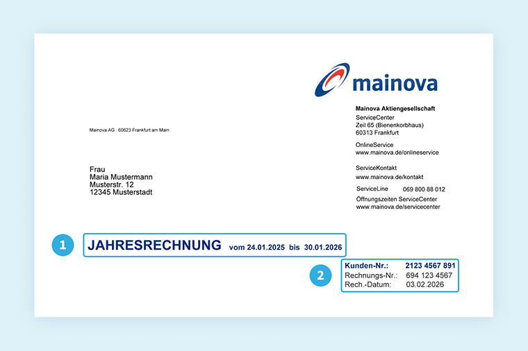 Musterrechnung von Mainova. Fokus auf Abrechnungszeitraum und Kunden-Nummer. Details im nachfolgenden Text.