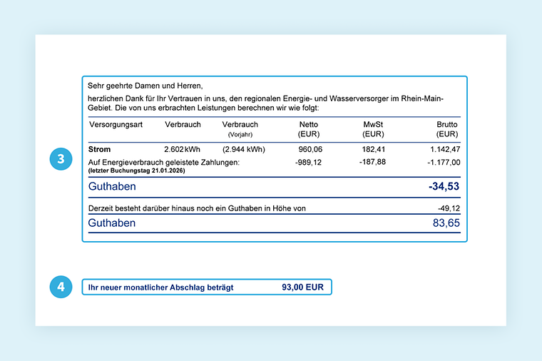 Musterrechnung von Mainova. Fokus auf Abrechnungsinformationen und Abschlags-Kurzinformation. Details im nachfolgenden Text.