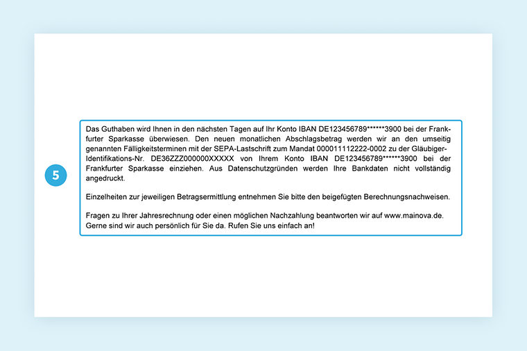 Musterrechnung von Mainova. Fokus auf Buchungs- und Zahlungsinformation. Details im nachfolgenden Text.