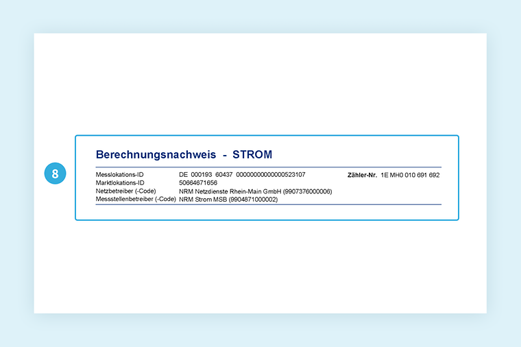 Musterrechnung von Mainova. Fokus auf Messlokations-ID und Marktlokations-ID. Details im nachfolgenden Text.