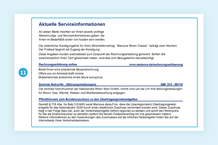 Musterrechnung von Mainova. Fokus auf Serviceinformationen. Details im nachfolgenden Text.