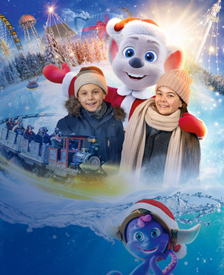 Achterbahn und im Hintergrund zwei Kinder und ein Erwachsener in Mauskostüm