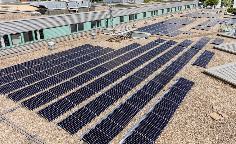 Solarmodule auf dem Dach des Fleischversorgungszentrums Osthafen