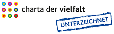 Bunte Punkte und Text "charta der vielfalt" mit einem blauen Stempel "UNTERZEICHNET".