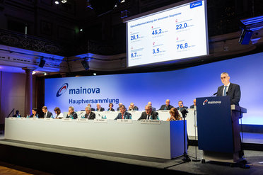 Eine Hauptversammlung mit einer Präsentation auf der Bühne und mehreren Personen an einem langen Tisch.