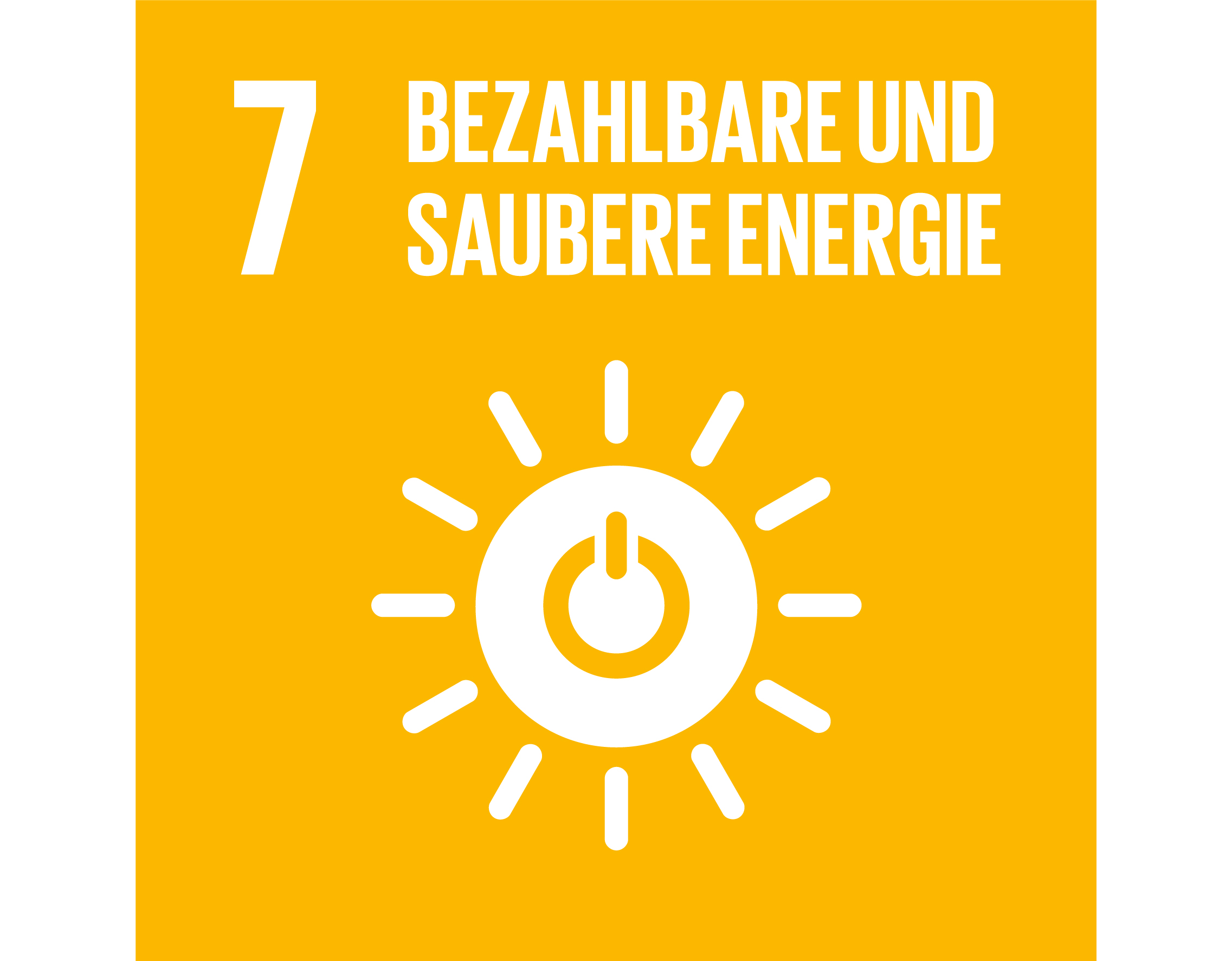 © Mainova Ein gelbes Quadrat mit der Nummer 7, Text "BEZAHLBARE UND SAUBERE ENERGIE" und einem Sonne-und-Stecker-Symbol in der Mitte.