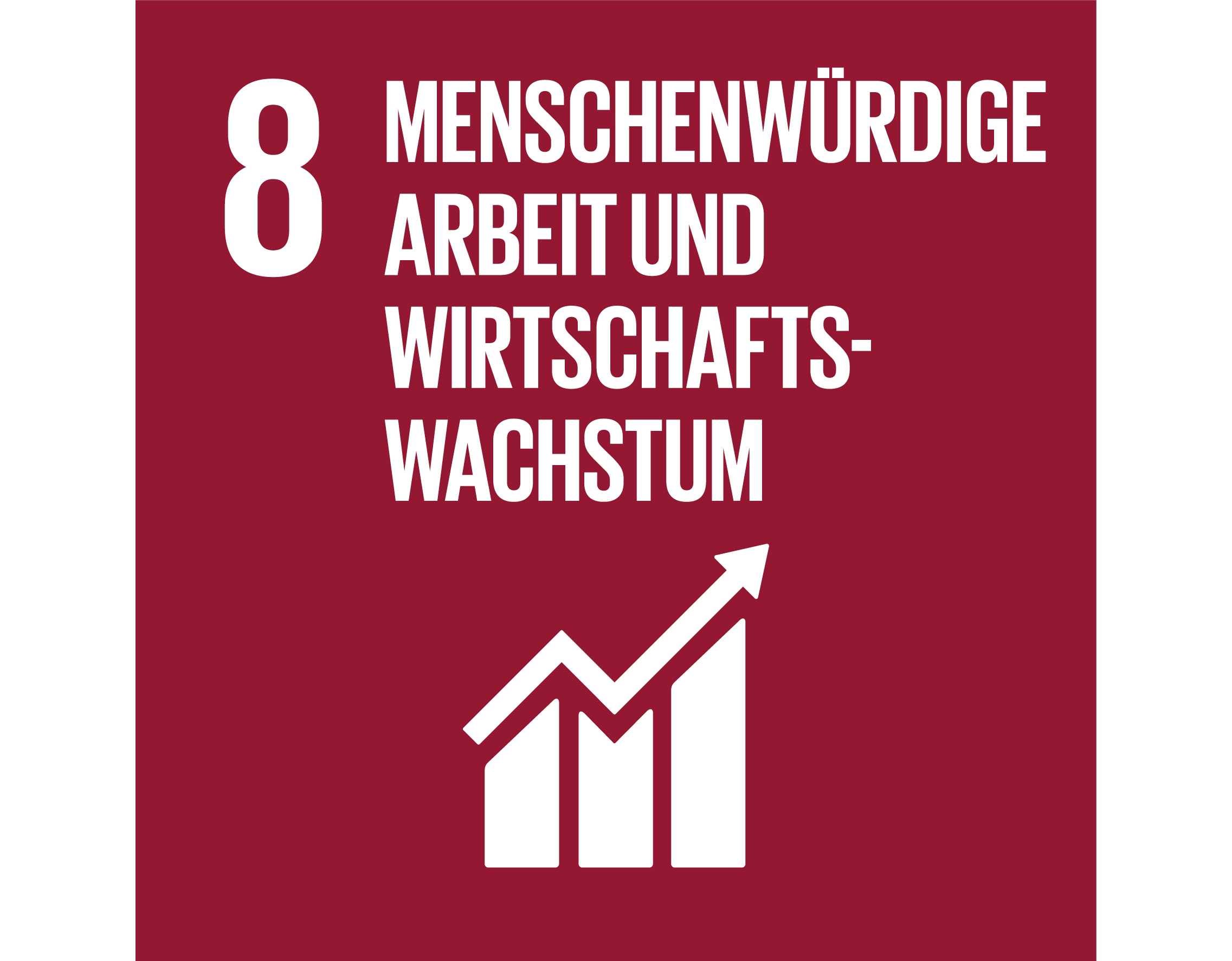 © Mainova Rotes Quadrat mit "8", Text "menschenwürdige Arbeit und Wirtschaftswachstum", Pfeil aufwärts neben Balkendiagramm.