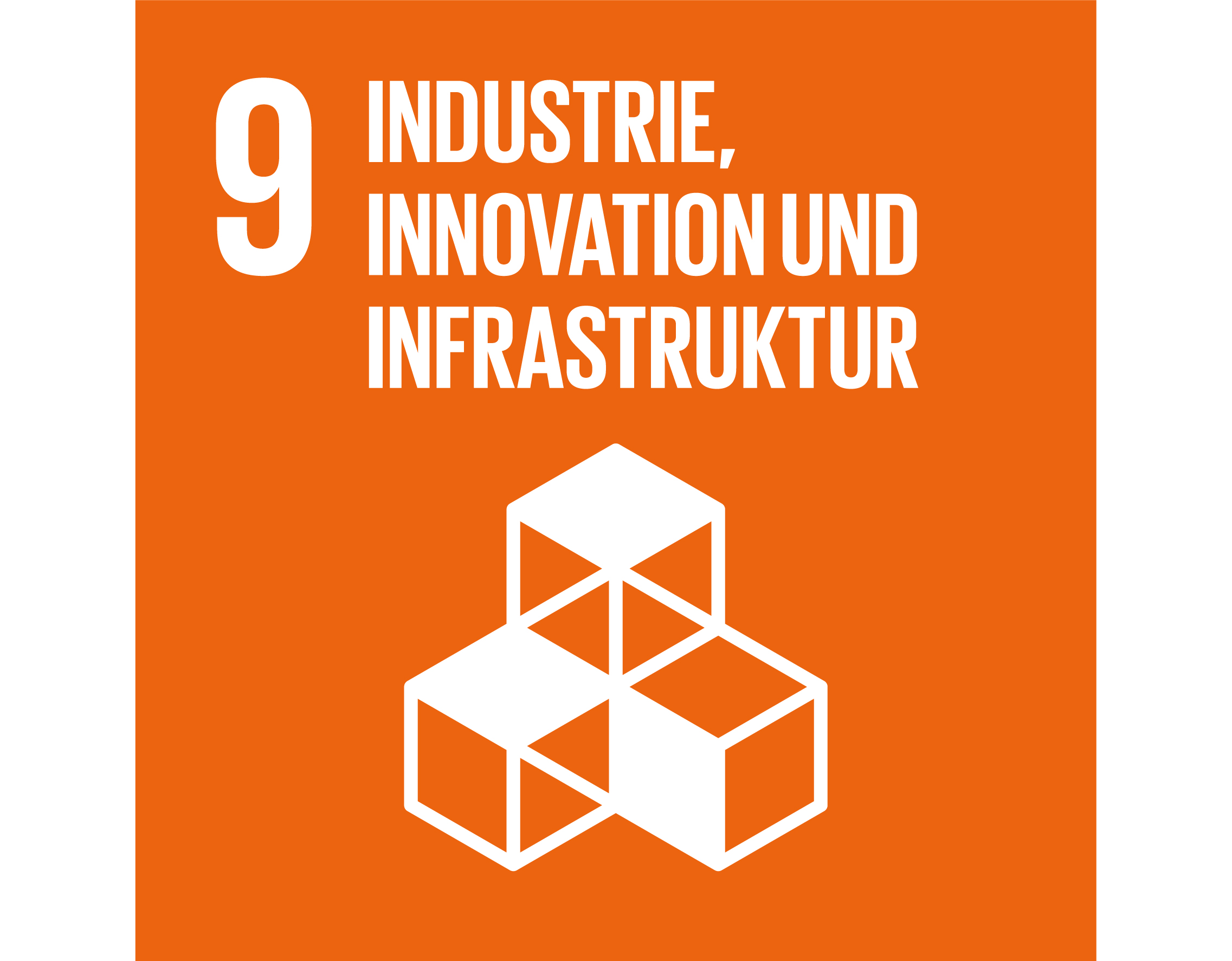© Mainova Oranges Quadrat mit Zahl 9 und Worten "INDUSTRIE, INNOVATION UND INFRASTRUKTUR", und Symbol, das drei 3D-Quader darstellt.