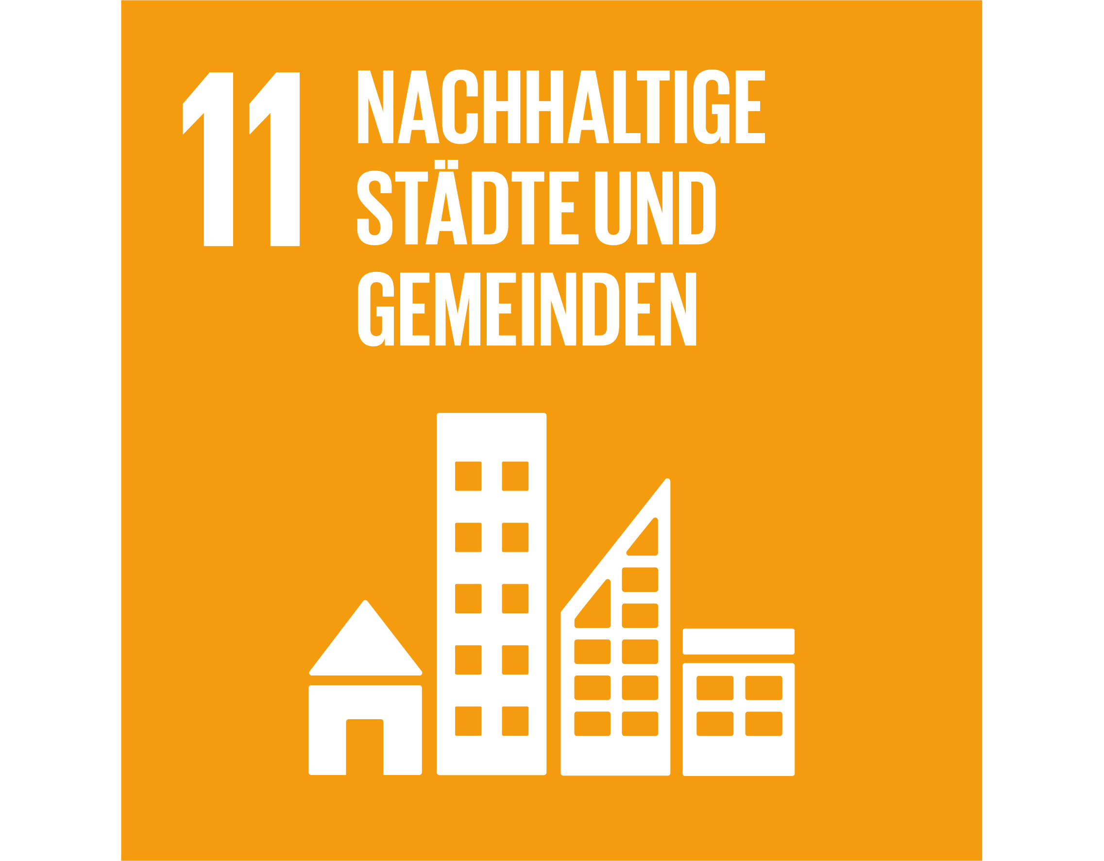 © Mainova Ein oranges Quadrat mit der Nummer 11, darunter steht "Nachhaltige Städte und Gemeinden" und weiße Gebäude-Symbole darauf.