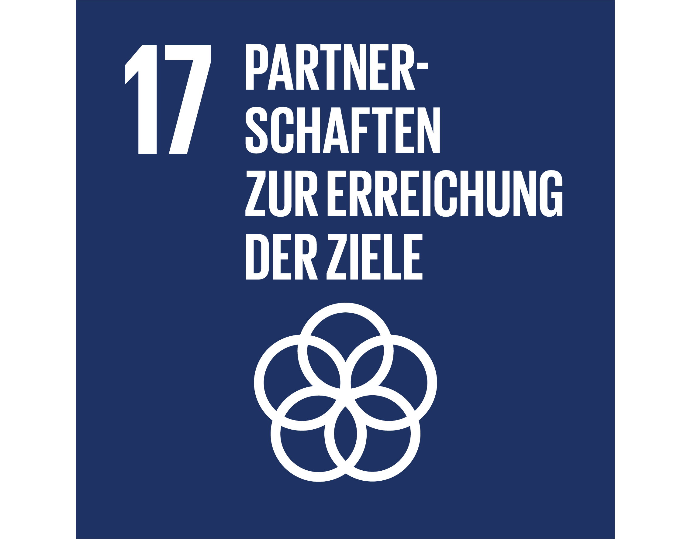 © Mainova Blaues Quadrat "17 PARTNERSCHAFTEN ZIELE", weiße ineinander verschlungene Ringe.