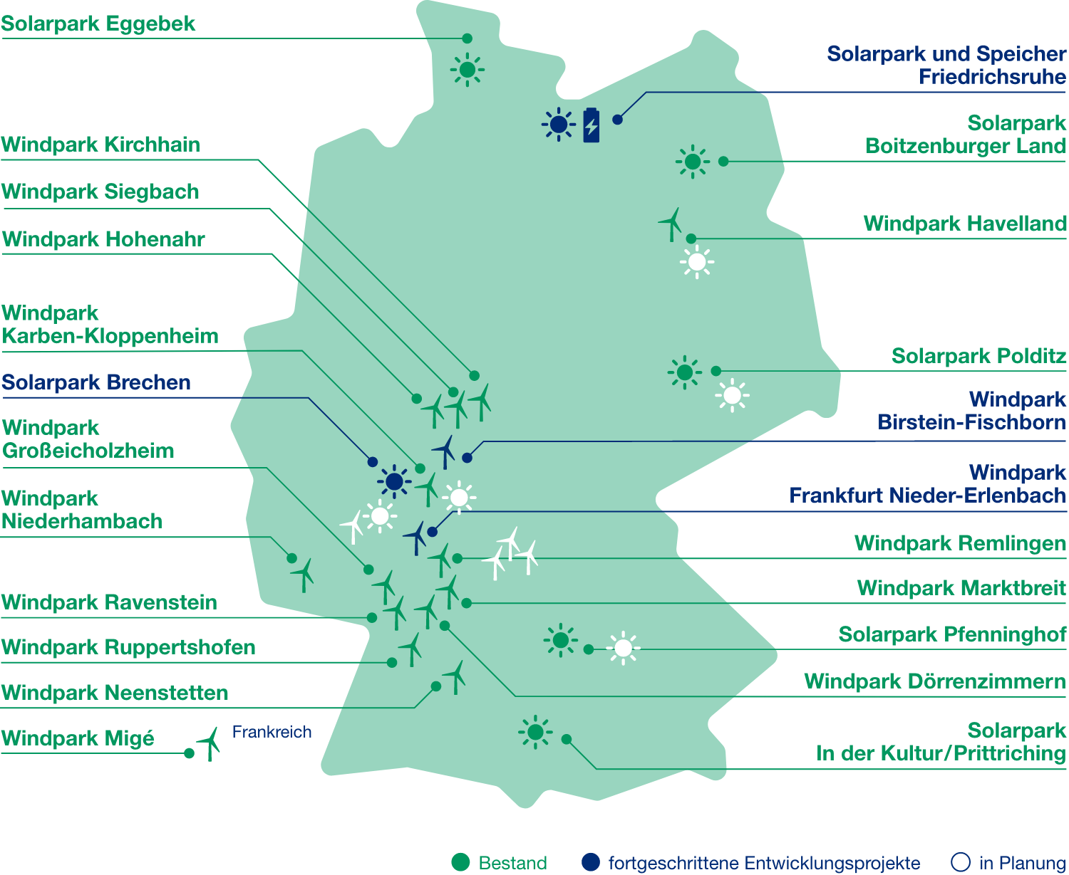 © Stilmanöver Karte mit Standorten von Solarparks und Windparks, symbolisiert durch Sonnen und Windräder.