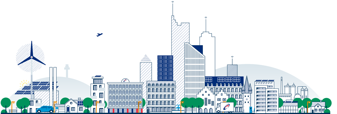 © Mainova Illustration einer modernen Stadt mit Hochhäusern, Windrad, Solaranlagen, Wohnhäusern, Bäumen und einem Auto.