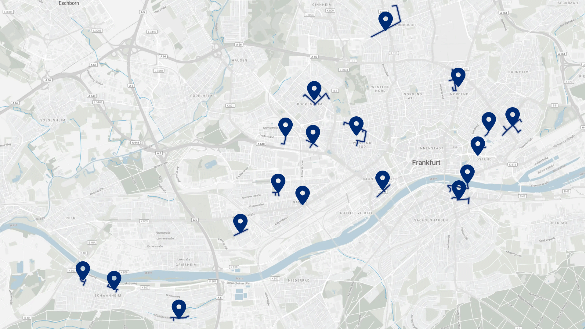 © Mainova Kartenbild von der Frankfurter Innenstadt mit abstrakter Karte und Standortmarkierungen
