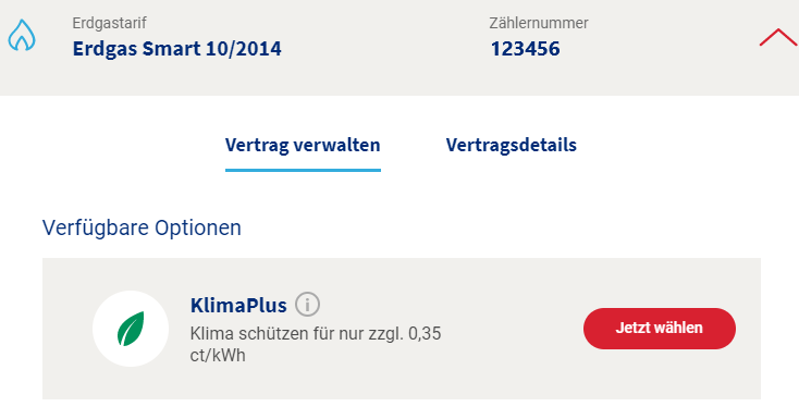 © Mainova Screenshot aus der Vertragsverwaltungsübersicht mit Auswahl der KlimaPlus-Option