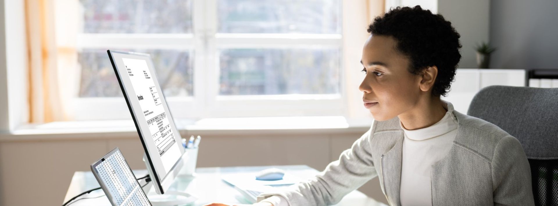 Junge Frau arbeitet am Computer.
