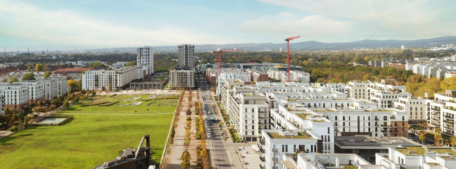 Blick auf Wohnquartier mit Kran im Hintergrund.