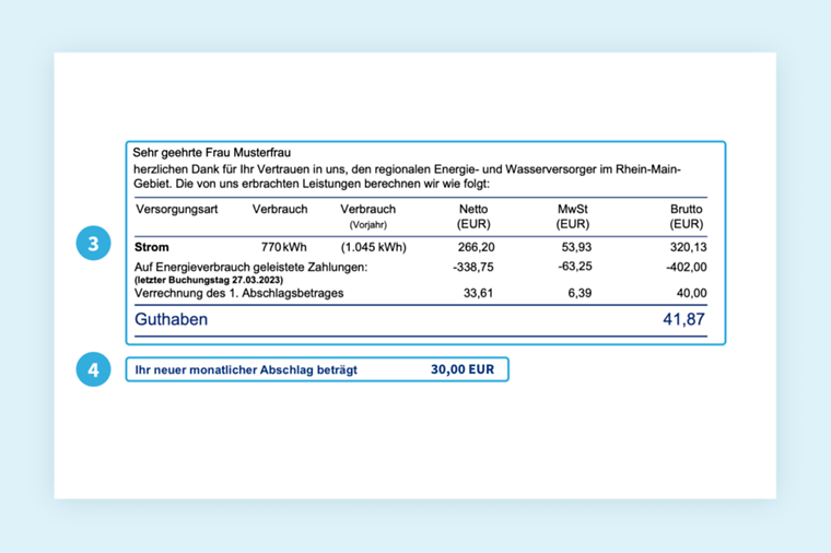 Musterrechnung von Mainova. Fokus auf Abrechnungsinformationen und Abschlags-Kurzinformation. Details im nachfolgenden Text.