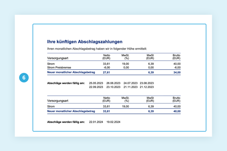 Musterrechnung von Mainova. Fokus auf Abschlagsinformationen. Details im nachfolgenden Text.