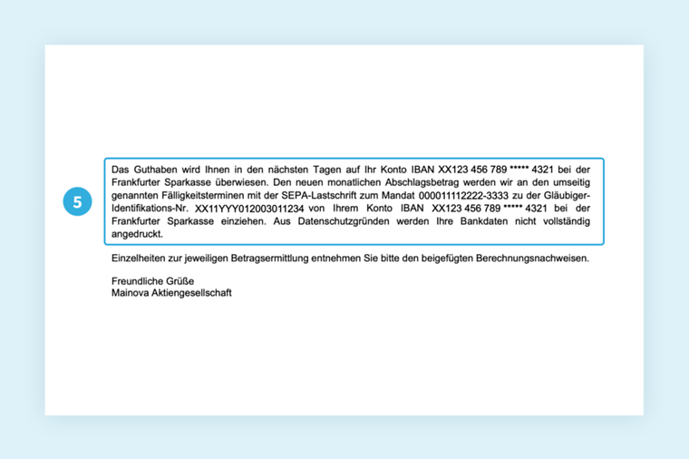 Musterrechnung von Mainova. Fokus auf Buchungs- und Zahlungsinformation. Details im nachfolgenden Text.