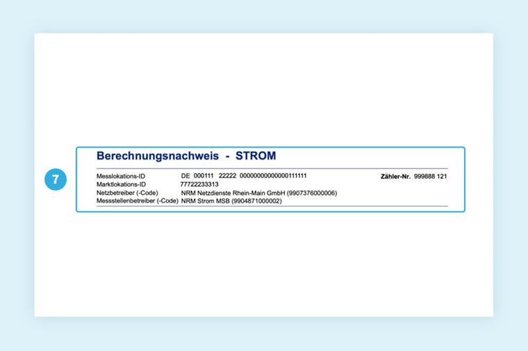 Musterrechnung von Mainova. Fokus auf Messlokations-ID und Marktlokations-ID. Details im nachfolgenden Text.