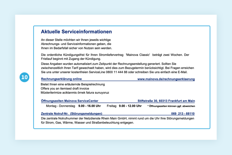 Musterrechnung von Mainova. Fokus auf Serviceinformationen. Details im nachfolgenden Text.