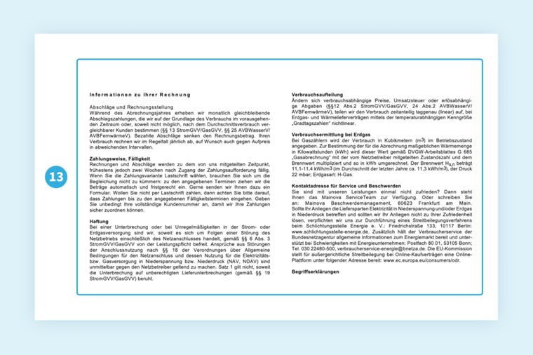 Musterrechnung von Mainova. Fokus auf Informationen zur Rechnung. Details im nachfolgenden Text.