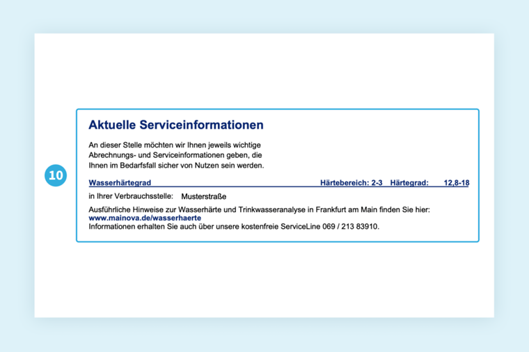 Musterrechnung von Mainova. Fokus auf Serviceinformationen. Details im nachfolgenden Text.
