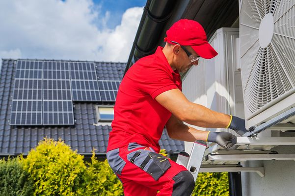© www.istock.com/welcomia Mann installiert Wärmepumpe im Hintergrund ist ein Hausdach mit PV-Anlage