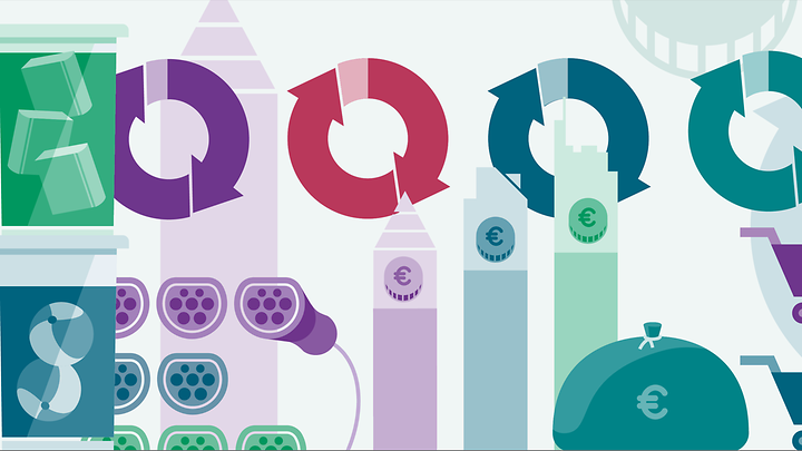Illustrative Übersicht zentraler Kennzahlen mit Symbolen, Diagrammen und Zahlen in verschiedenen Farben.