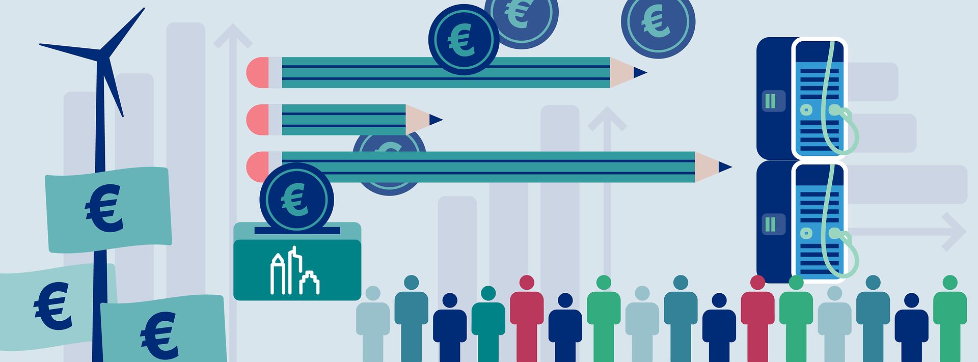 © Stilmanöver/JuliaFriesdorf Illustration zu Finanzen, Bildung, Technik und Menschen – zeigt Wachstum und Investitionen.
