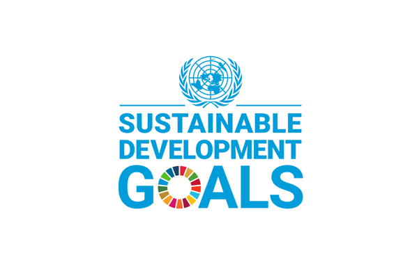 Schriftzug "Sustainable Development Goals" in hellblau mit Weltkugel obendrüber