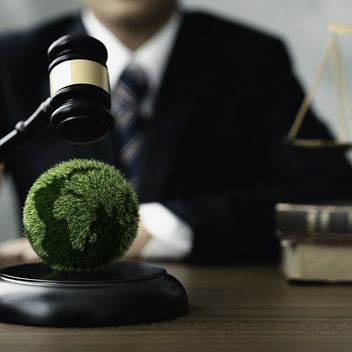 Ein Gerichtshammer wird über einem grünen Erdball geschwungen