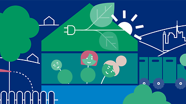 Hand, Gießkanne, Wolke, Häuser, Baum, Sonne, Zug, Stadt, alle stilisiert vor blauem Hintergrund.