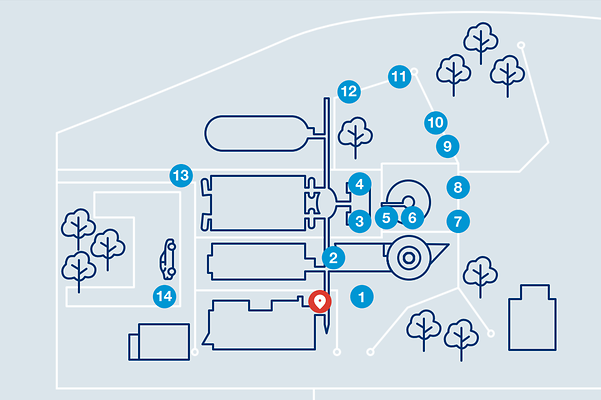 Blaupause-Stil Karte mit Symbolen und Nummern. Die Symbole sind Bäume, Gebäude und Wege. Der Hintergrund ist blau.