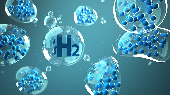 © www.istock.com/style-photography Schaubild mit Wasserstoffmolekülen und dem Symbol H2