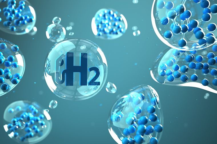 © www.istock.com/style-photography Schaubild mit Wasserstoffmolekülen und dem Symbol H2