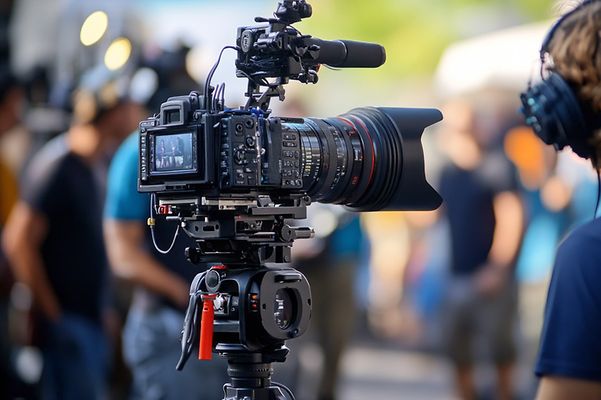 Mann sitzt hinter der Kamera und dreht eine Filmszene