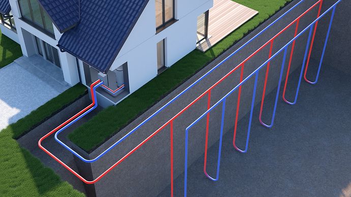 © www.istock.com/KangeStudio Illustration eines Haus mit Rohren aus einer vertikalen Erdwärmequelle