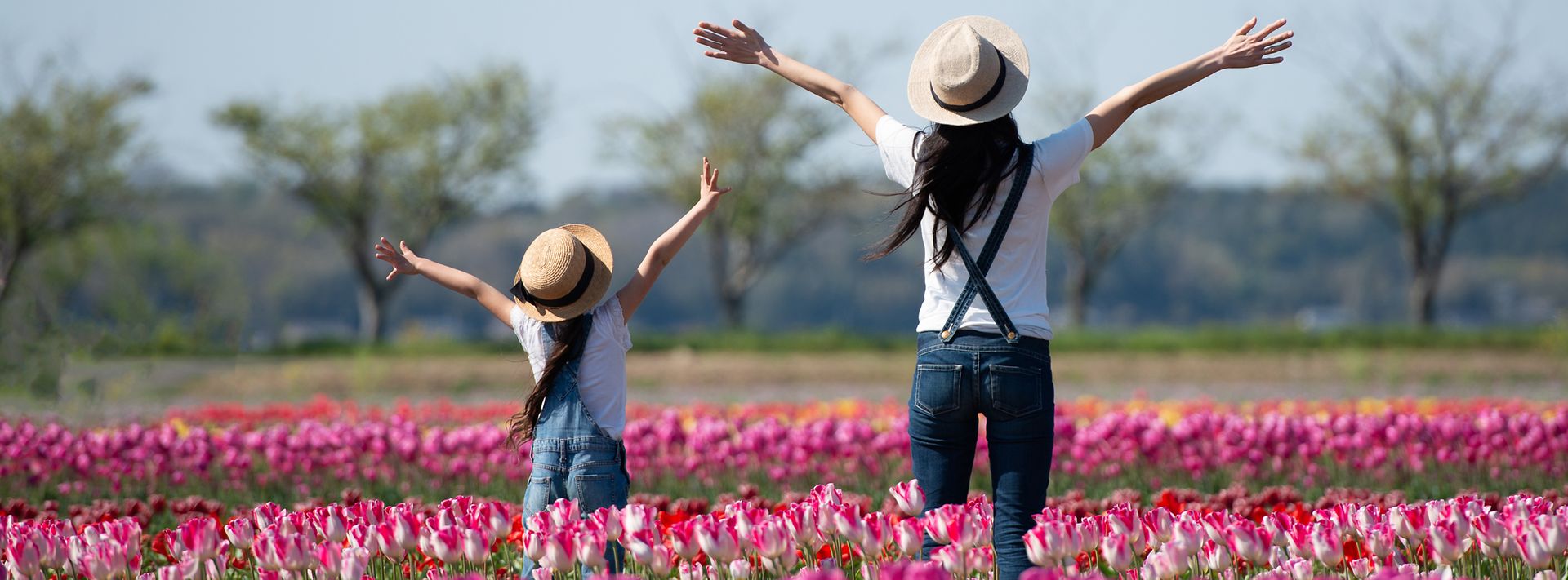 © iStock/Hakase_ Mutter mit Tochter läuft durch buntes Tulpenfeld