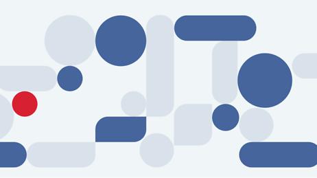 Blau-weiße geometrische Formen auf hellem Grund, links ein auffälliger roter Kreis.