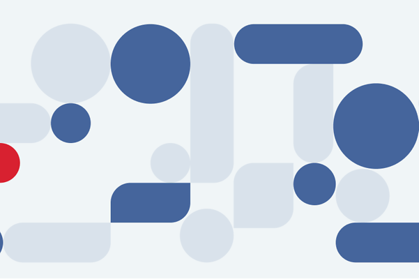 Blau-weiße geometrische Formen auf hellem Grund, links ein auffälliger roter Kreis.