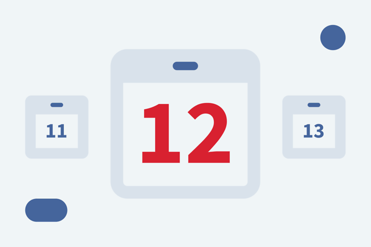 Große Zahl 12 in der Mitte, daneben Kalenderblätter mit den Zahlen 11 und 13