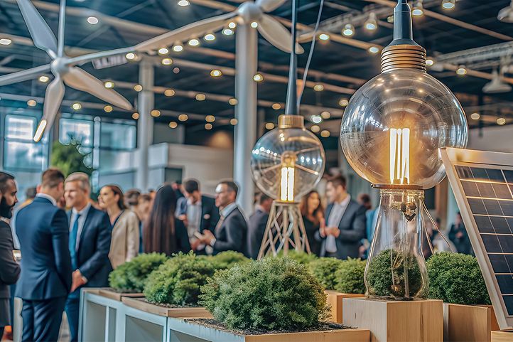 leuchtende Glühbirnen und Personen im Hintergrund mit vornehmer Kleidung