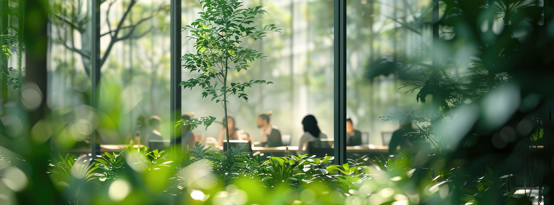 Menschen in einem Meeting und im Vordergrund Pflanzen
