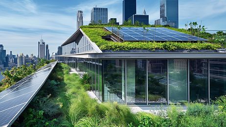 Begrüntes Glashaus auf einer Dachterrasse, Im Hintergrund eine Großstadt