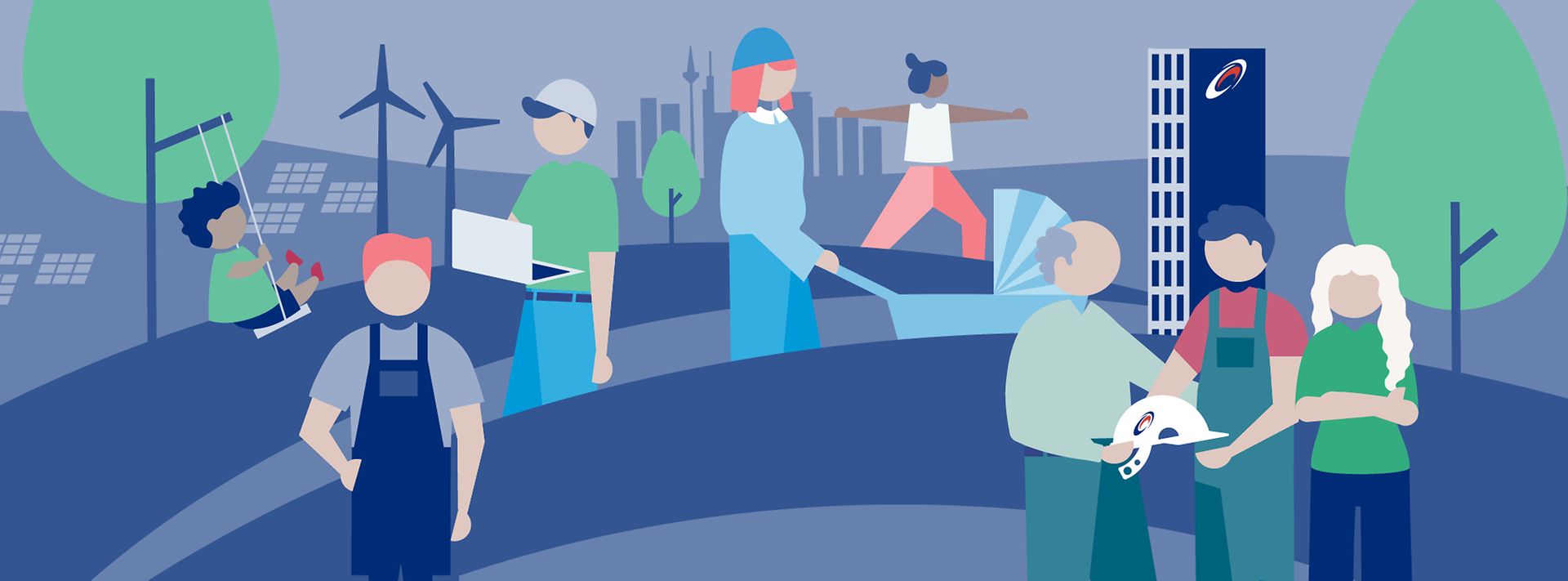 © Stilmanöver/JuliaFriesdorf Illustration mit Menschen, Windrädern, Solarpanels und Kindern – zeigt nachhaltige Arbeit und gemeinsames Leben.