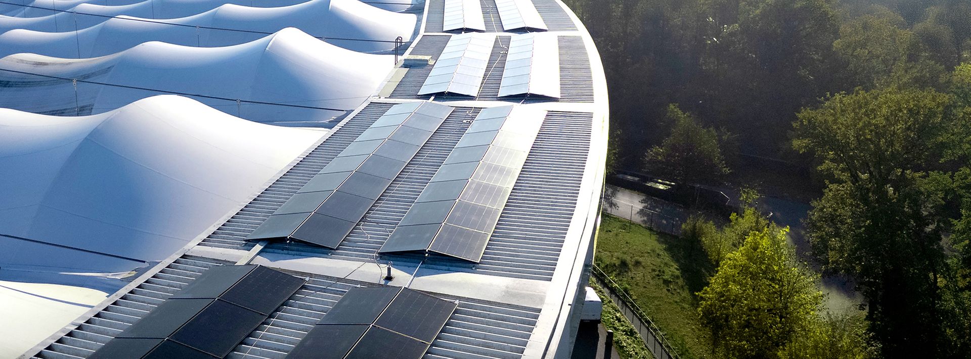 Solarmodule auf einem modernen, gewölbten Dach neben einer grünen Baumlandschaft bei Sonnenlicht aus der Vogelperspektive.