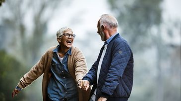 Älteres Ehepaar hält sich beim Spaziergang im Grünen an den Händen