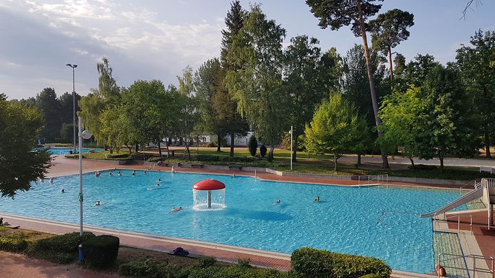 Freibad von oben fotografiert mit Pool und Wasserpilz und Bäume im Hintergrund